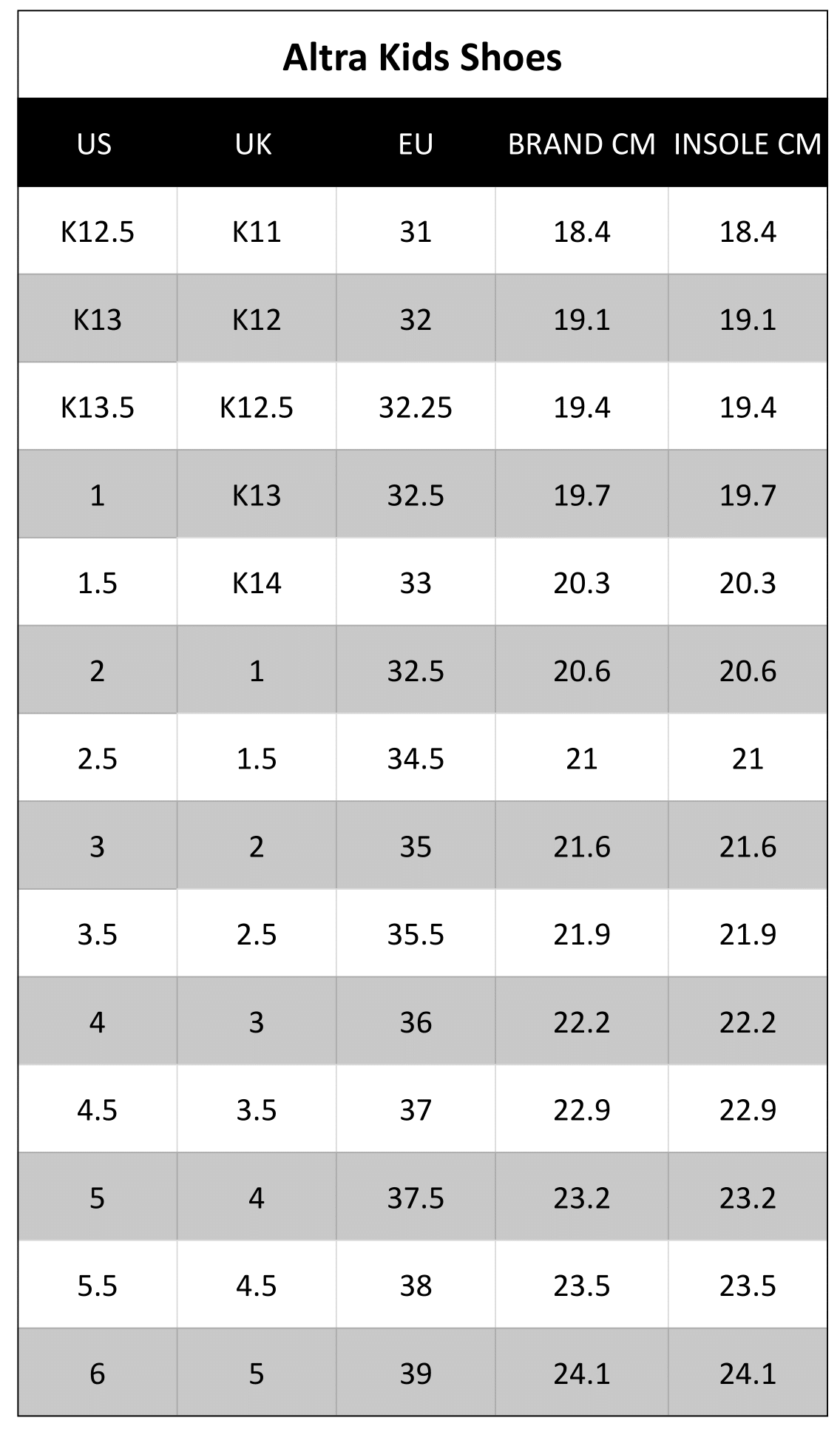 Altra 2024 size chart