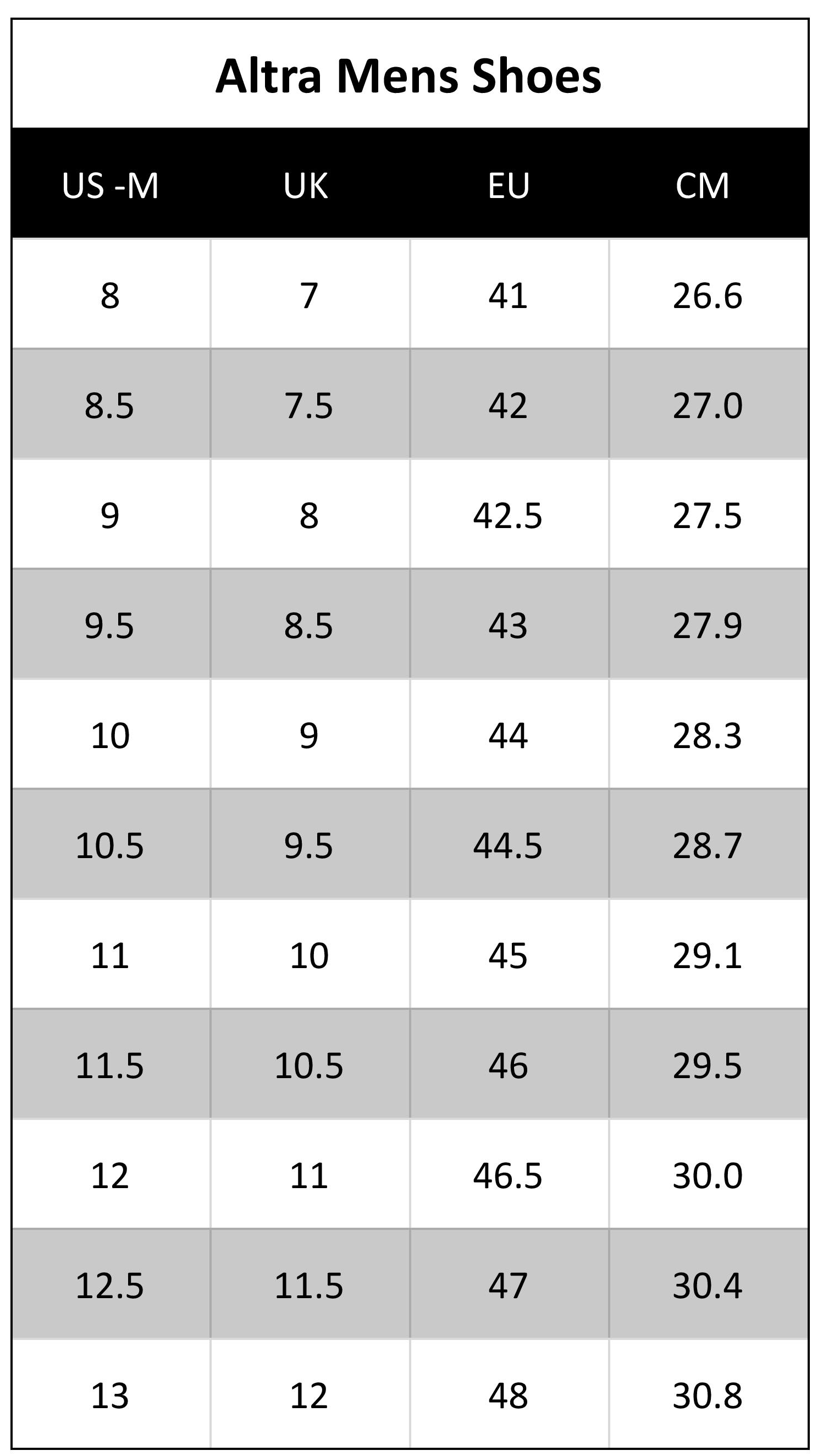 altra size chart