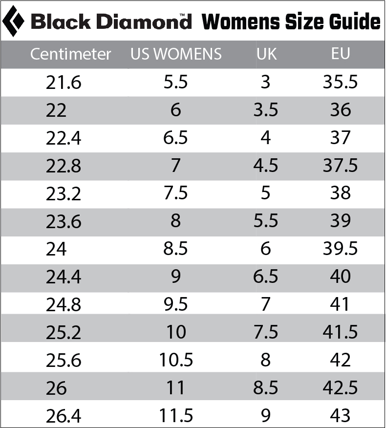 black diamond shoe sizing