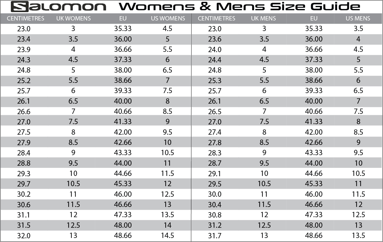 salomon footwear size chart